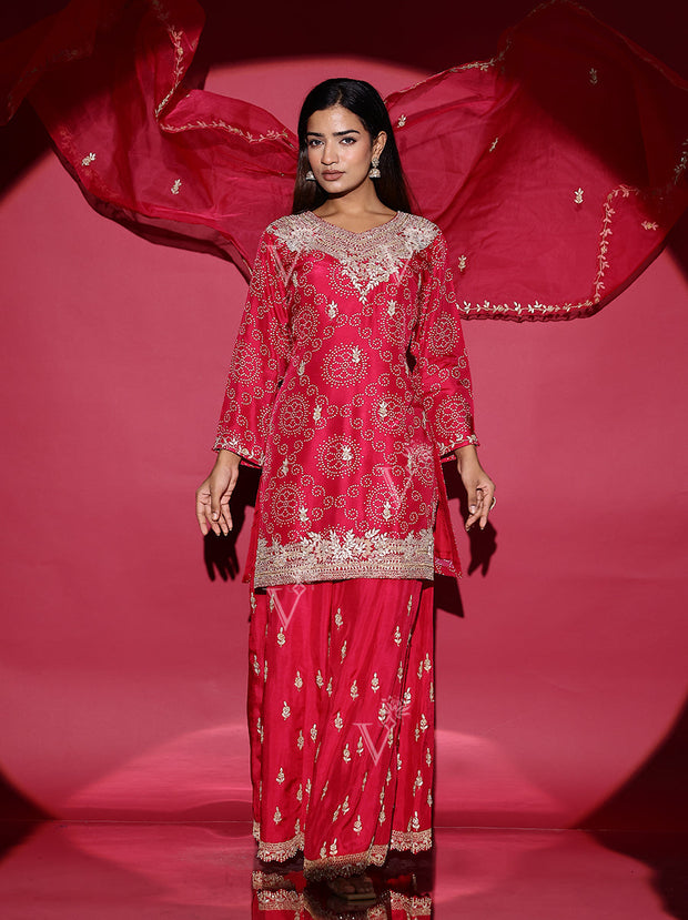 Ruby Pink Bandhani Kurta and Palazzo Set