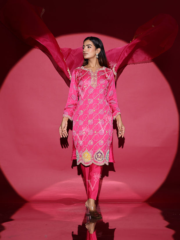 Pink Satin Silk Embroidered Suit Set