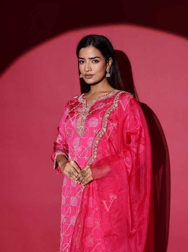 Pink Satin Silk Embroidered Suit Set