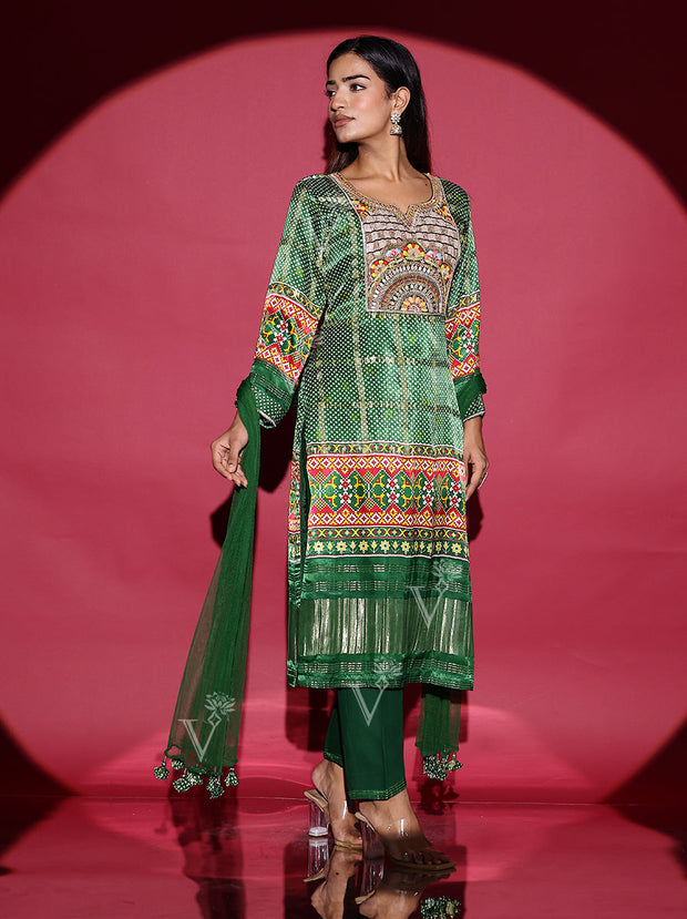 Green Satin Bandhani Silk Suit Set