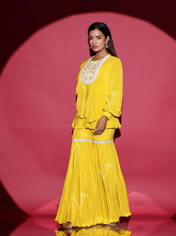 Yellow Crepe Peplum and Sharara Set