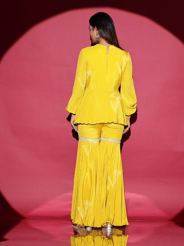 Yellow Crepe Peplum and Sharara Set