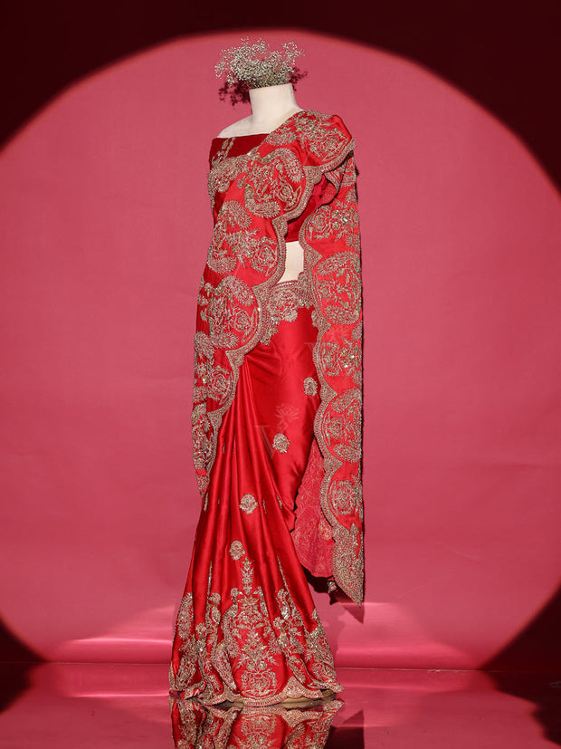 Red Zardozi Silk Saree