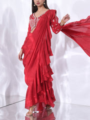 Scarlet Red Silk Pre-Draped Saree