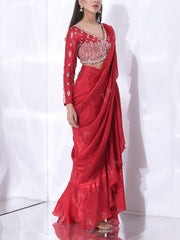 Scarlet Red Silk Pre-Draped Saree