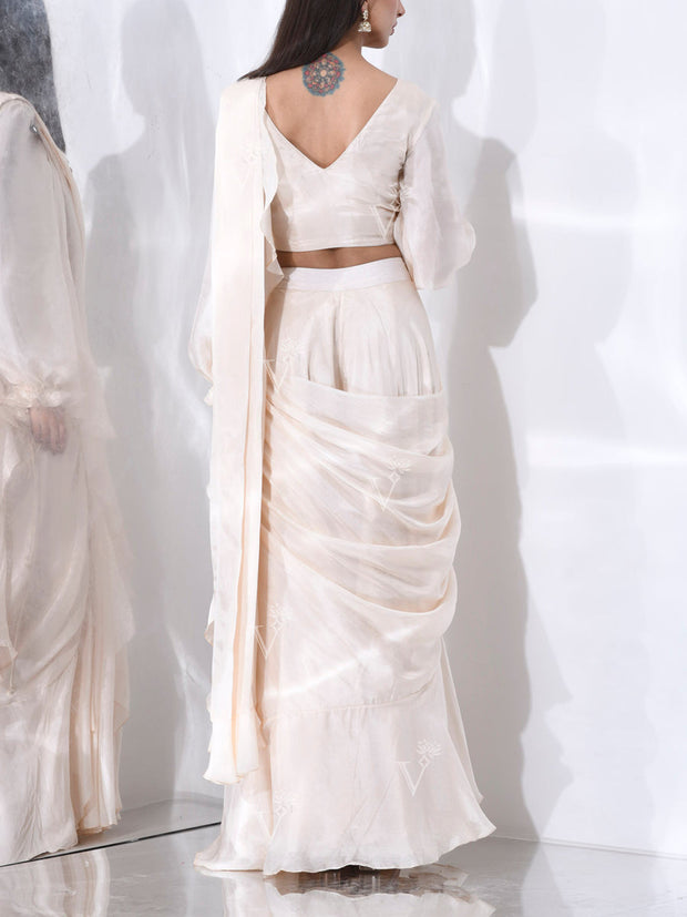 Off- White Pre Draped Saree