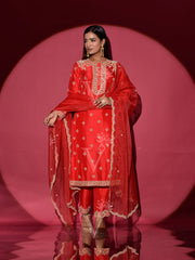 Red Silk Embroidered Suit Set