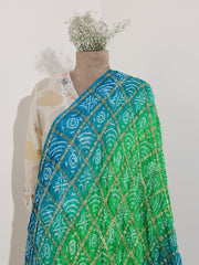 Sky blue And Green Gazi silk Bandhani Zari Dupatta