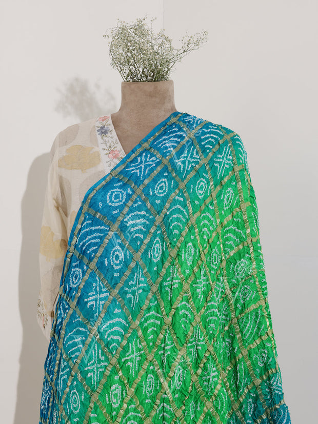 Sky blue And Green Gazi silk Bandhani Zari Dupatta