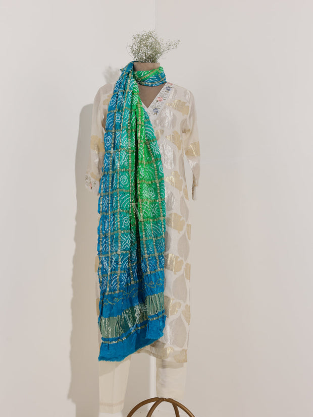 Sky blue And Green Gazi silk Bandhani Zari Dupatta