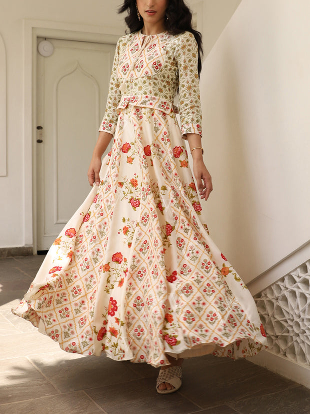 Off White Vasansi Silk Printed Anarkali Gown