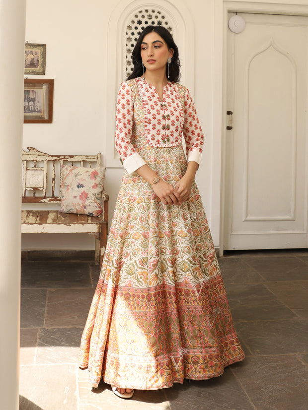 Off White Vasansi Silk Printed Anarkali Gown