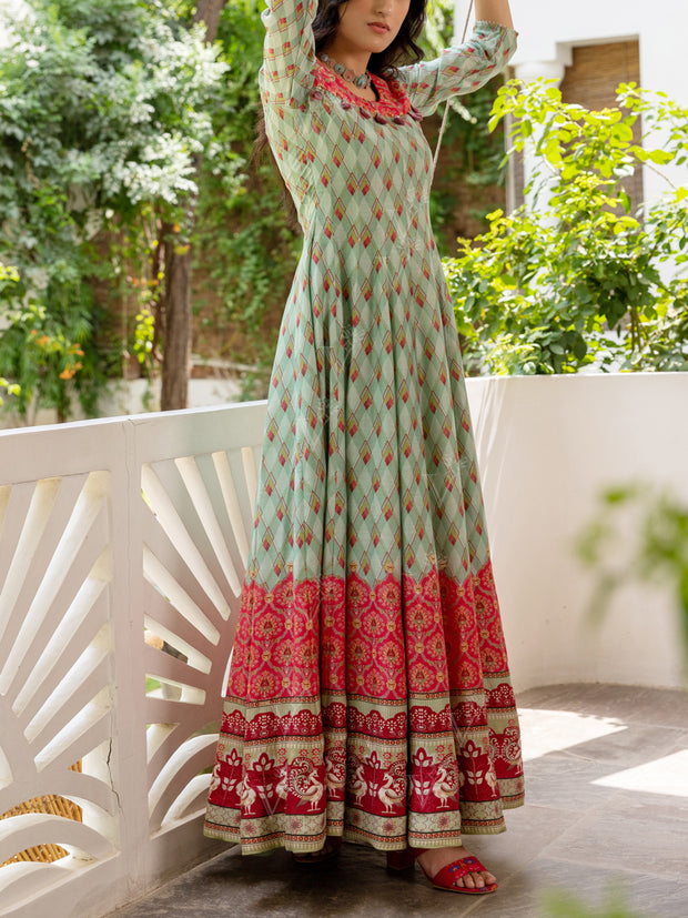 Green Vasansi Silk Printed Anarkali Gown