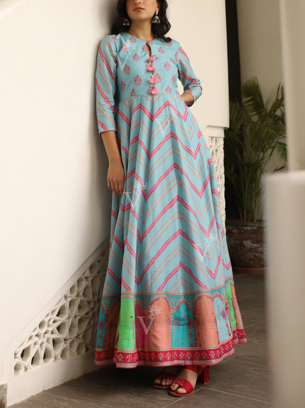 Blue Vasansi Silk Printed Anarkali Gown