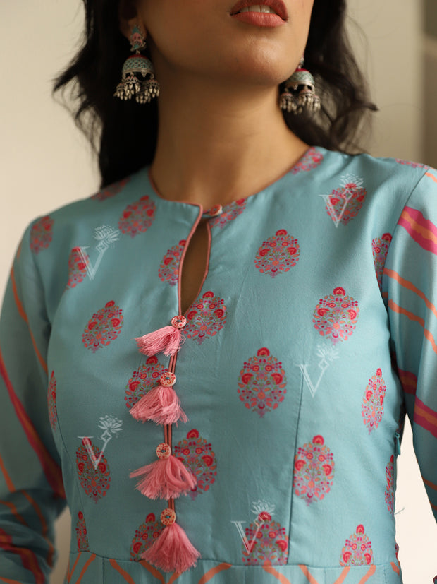 Blue Vasansi Silk Printed Anarkali Gown