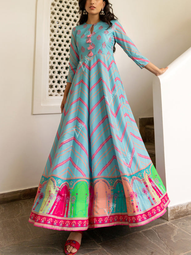 Blue Vasansi Silk Printed Anarkali Gown