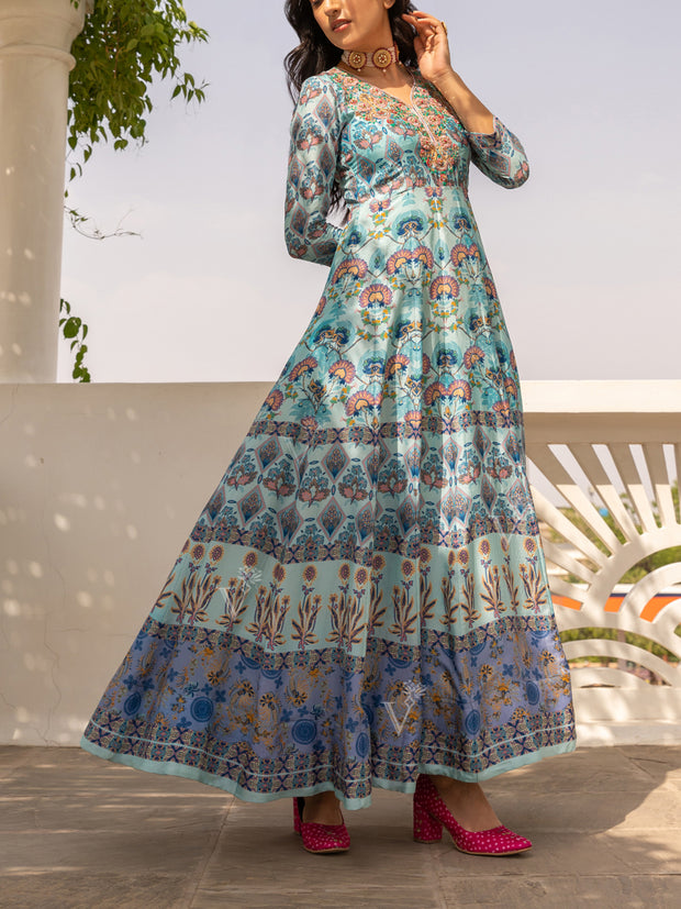 Blue Vasansi Silk Printed Anarkali Gown