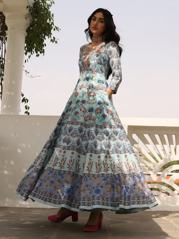 Blue Vasansi Silk Printed Anarkali Gown