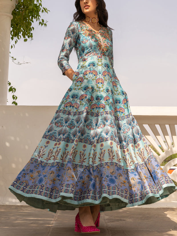 Blue Vasansi Silk Printed Anarkali Gown