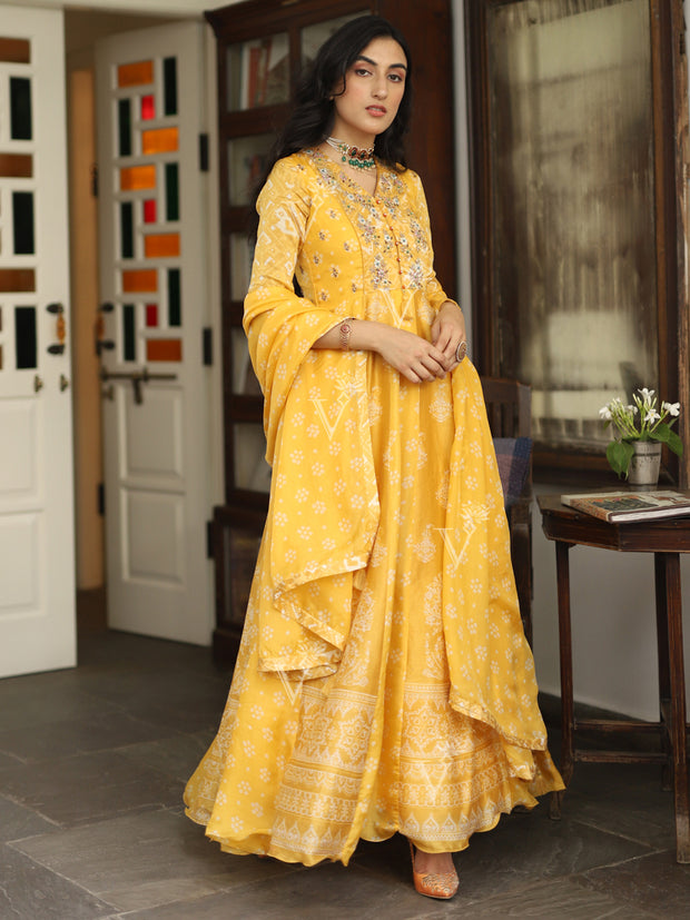 Yellow Vasansi Silk Printed Anarkali Gown