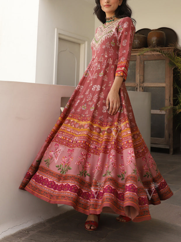 Brown Vasansi Silk Printed Embroidered Anarkali Gown