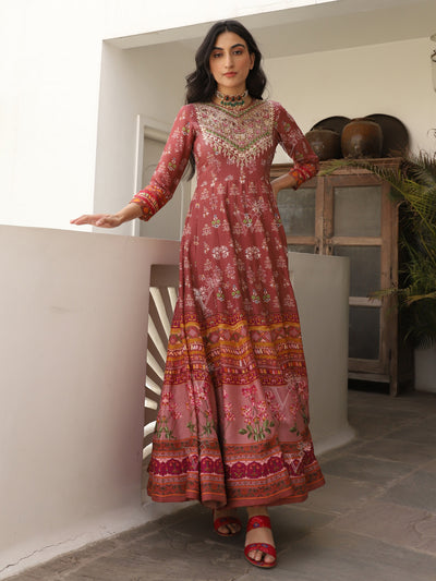 Brown Vasansi Silk Printed Embroidered Anarkali Gown