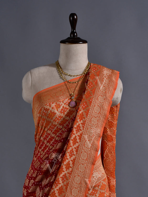 Red and Orange Georgette Bandhani  Zari Saree