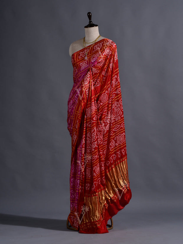 Red and Pink Silk Bandhani  Zari Saree