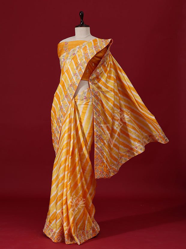 Yellow Leheriya Tusser Silk saree