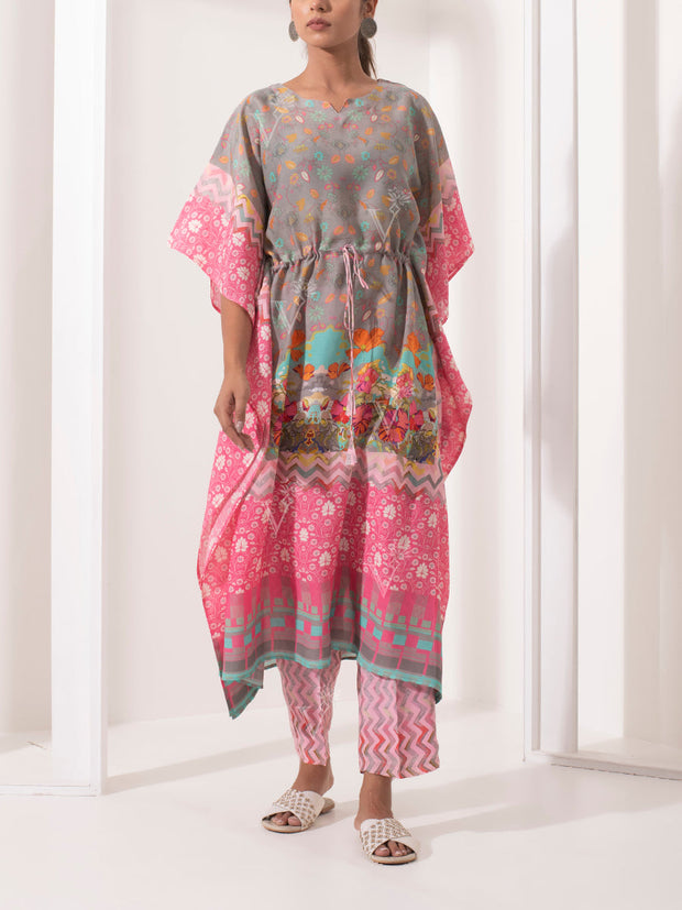 Grey and Peach Silk Kaftan Set