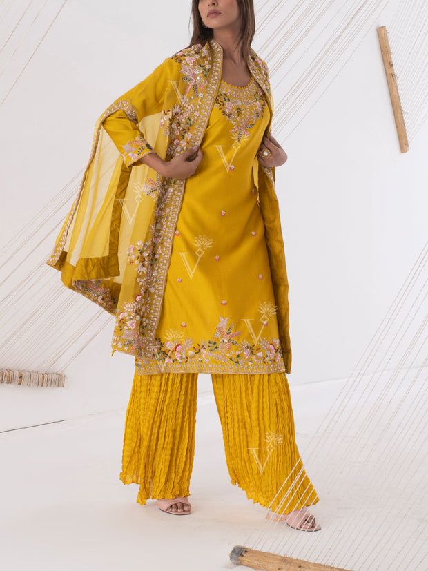 Yellow Organza Embroidred Cape Sharara Set