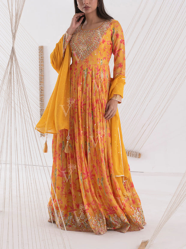 Yellow Floral Wrinkle Crepe Gown