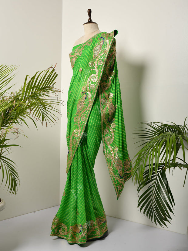 Green Georgette Bandhani Gotta Patti Saree