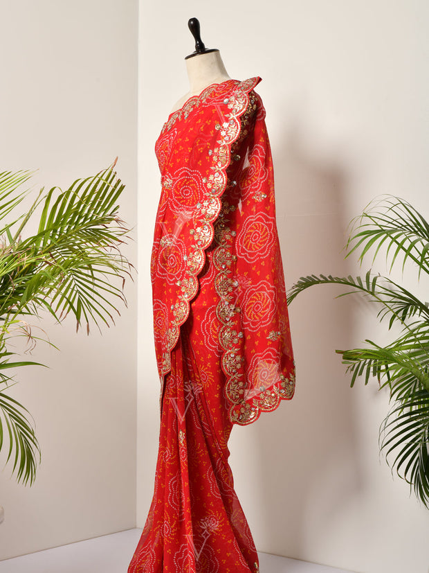 Red Georgette Bandhani Gotta Patti Saree