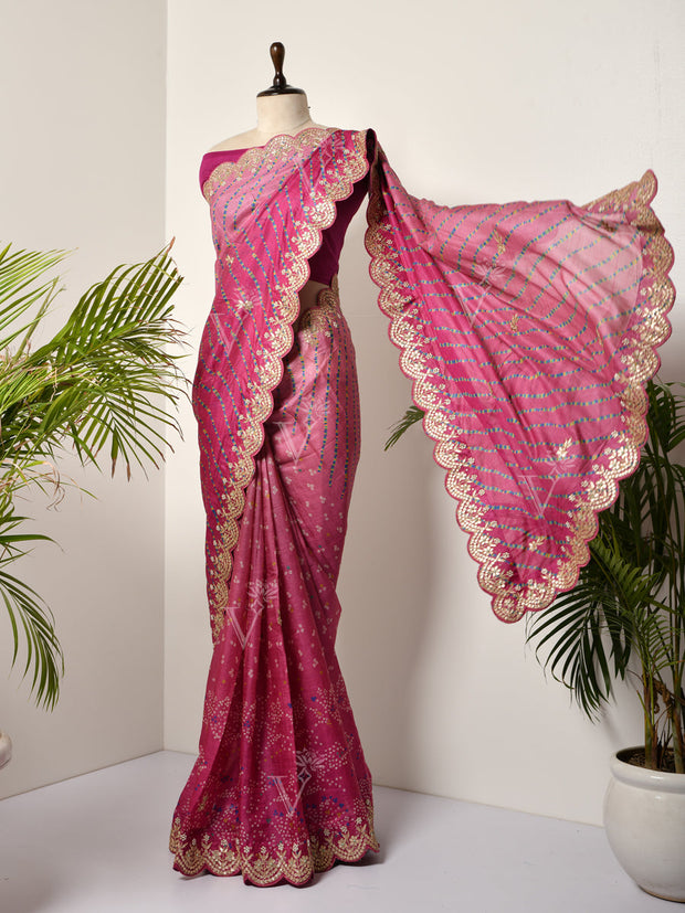 Purple Tussar Silk Leheriya  Gotta Patti Saree