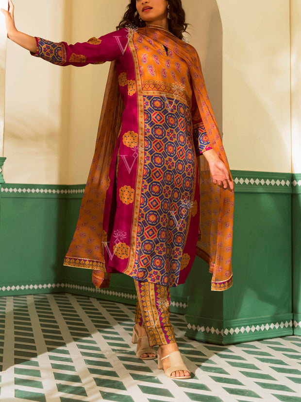 Pink and Mustard Vasansi Silk Suit Set