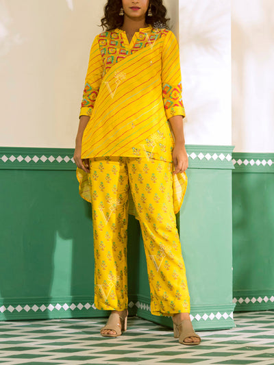 Yellow Vasansi Silk Leheriya Co-ord Set