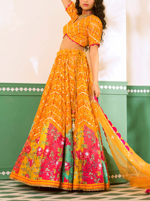 Yellow Vasansi Silk Printed Lehenga