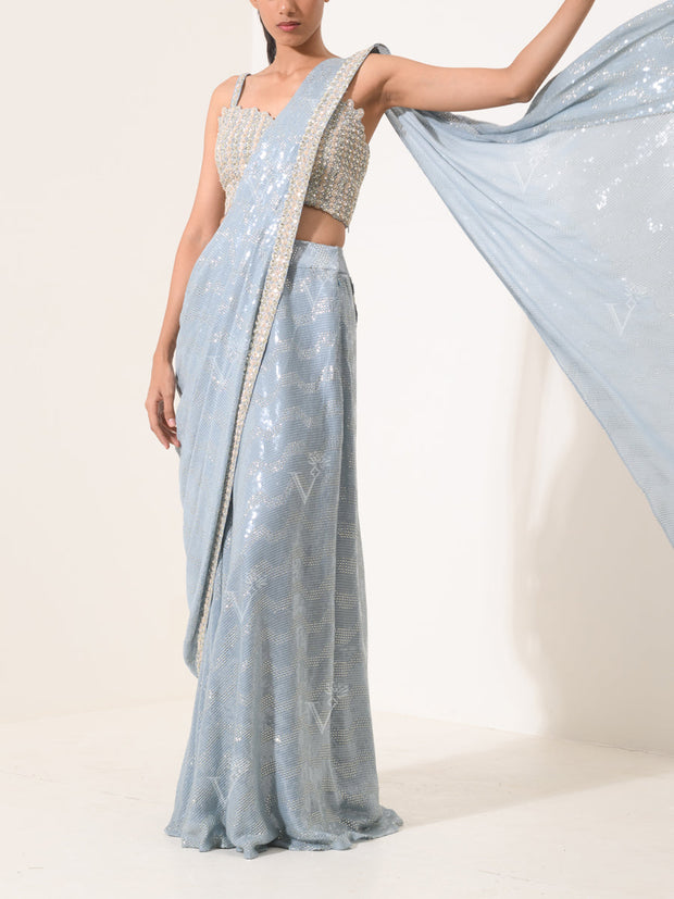 Ice Blue Cocktail Pre-Draped Saree