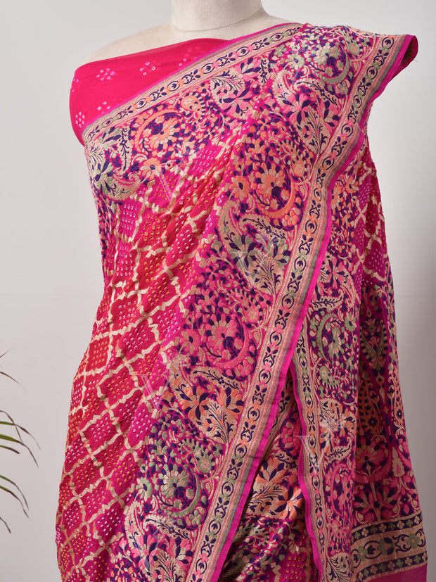 Pink  Bandhani Zari Saree