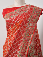 Red And Orange  Bandhani Zari Saree