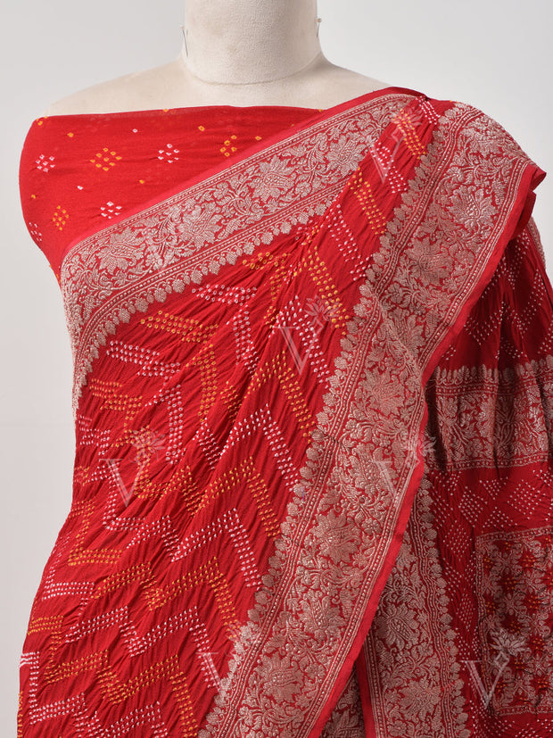 Red  Bandhani Zari Saree