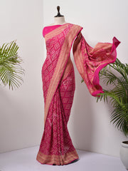 Magenta Pink  Bandhani Zari Saree