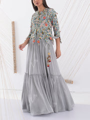 Grey Georgette Embroidered Jacket and Skirt Set