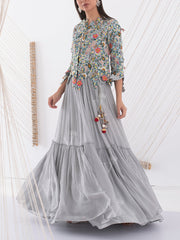 Grey Georgette Embroidered Jacket and Skirt Set