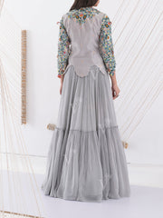 Grey Georgette Embroidered Jacket and Skirt Set