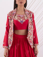 Red Silk Embroidered Jacket and Skirt Set