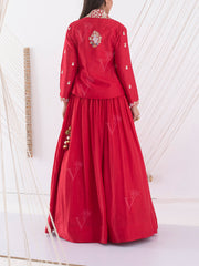 Red Silk Embroidered Jacket and Skirt Set