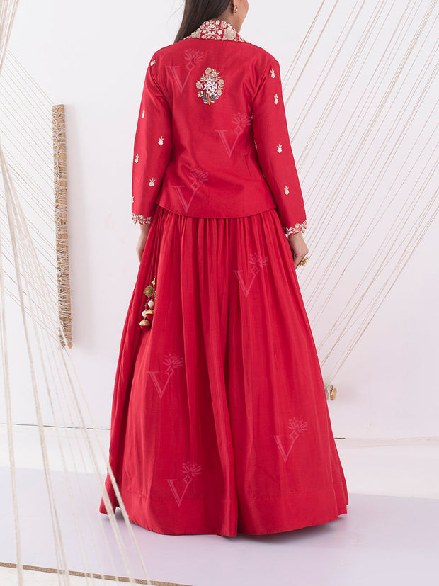 Red Silk Embroidered Jacket and Skirt Set