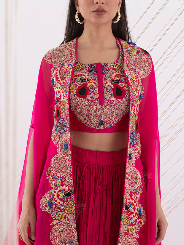 Pink Silk Embroidered Jacket and Skirt Set